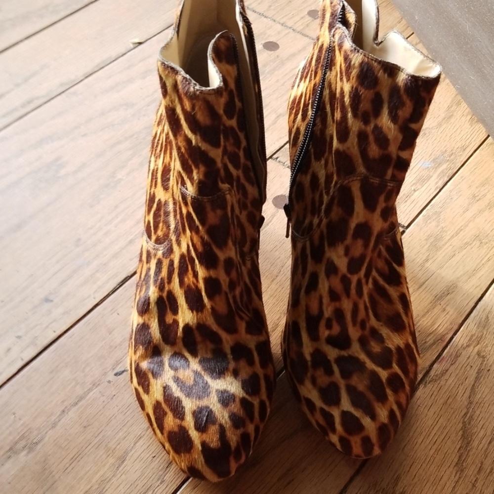 Real fur 3" heeled booties, leopard print